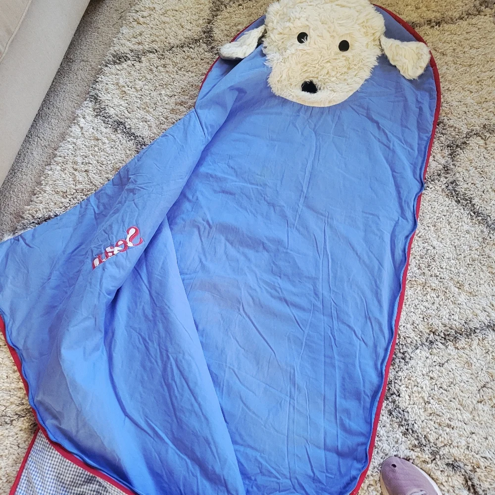 Pottery Barn Kids Shaggy Puppy Dog Sleeping Bag Blue Gingham SEAN - Picture 8 of 13